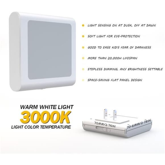Plug in Dimmable Led Night Light with Auto Dusk to Dawn Sensor, Soft Warm White - Picture 2 of 7
